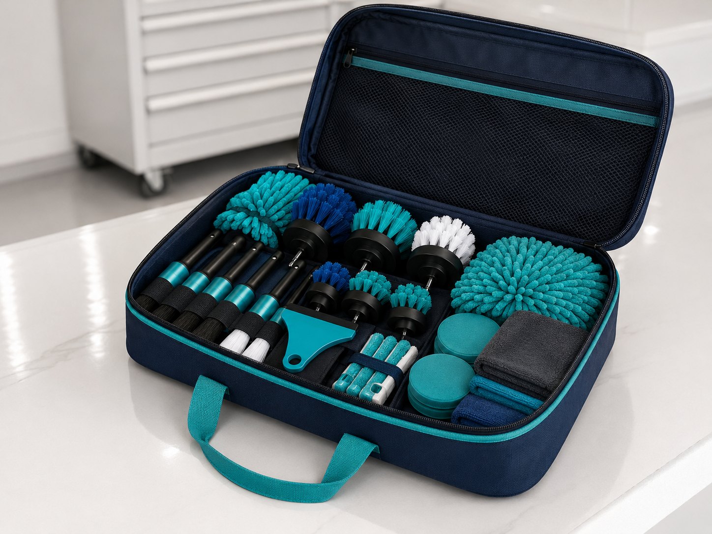 CleanCabin detailing tools arranged inside the storage bag